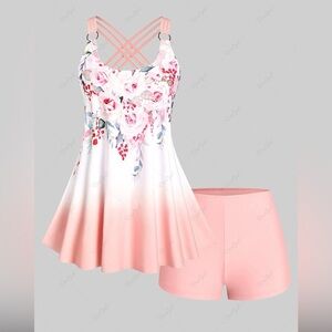 Rosegal Ombre Floral Print Crisscross Modest Tankini Swimsuit ~ Light Pink 5X